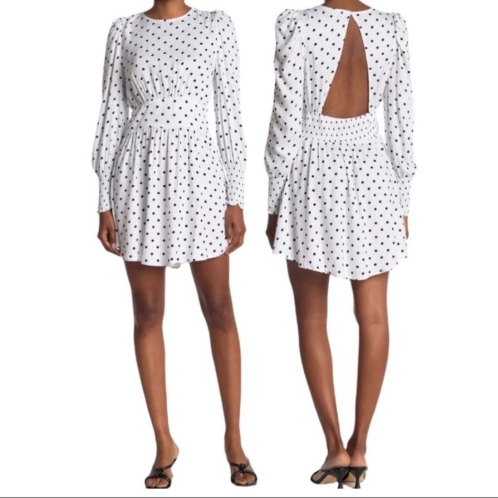 AFRM Polka Dot Open Back Long Sleeve Smocked Mini Dress Size Medium NWT